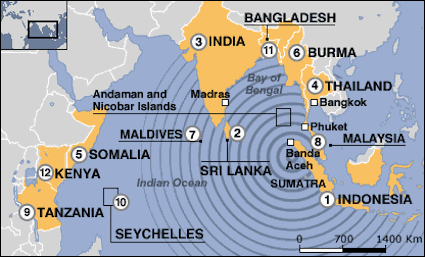 Countries affected by 2004 Dec tsunami - graphic courtesy BBC
