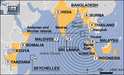 Countries affected by 2004 Dec tsunami - graphic courtesy BBC Countries affected by 2004 Dec tsunami - graphic courtesy BBC